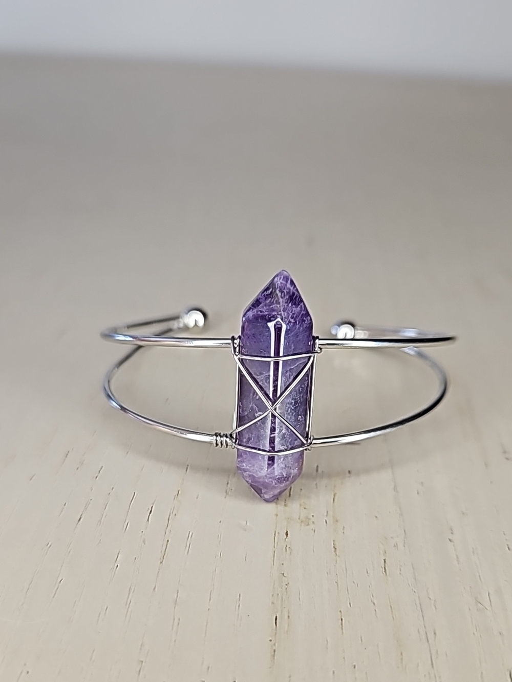 Amethyst Crystal Wire-Wrapped Cuff Bracelet - Purple